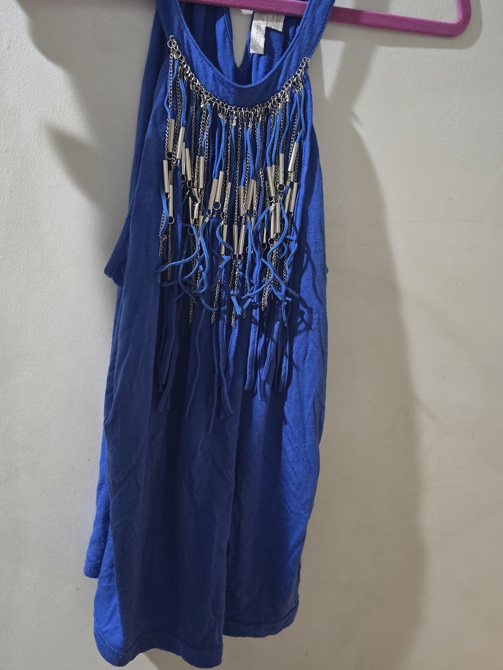 Unique High Neck Boston Proper Large Blue Tank Top With Fringe Necklace Design